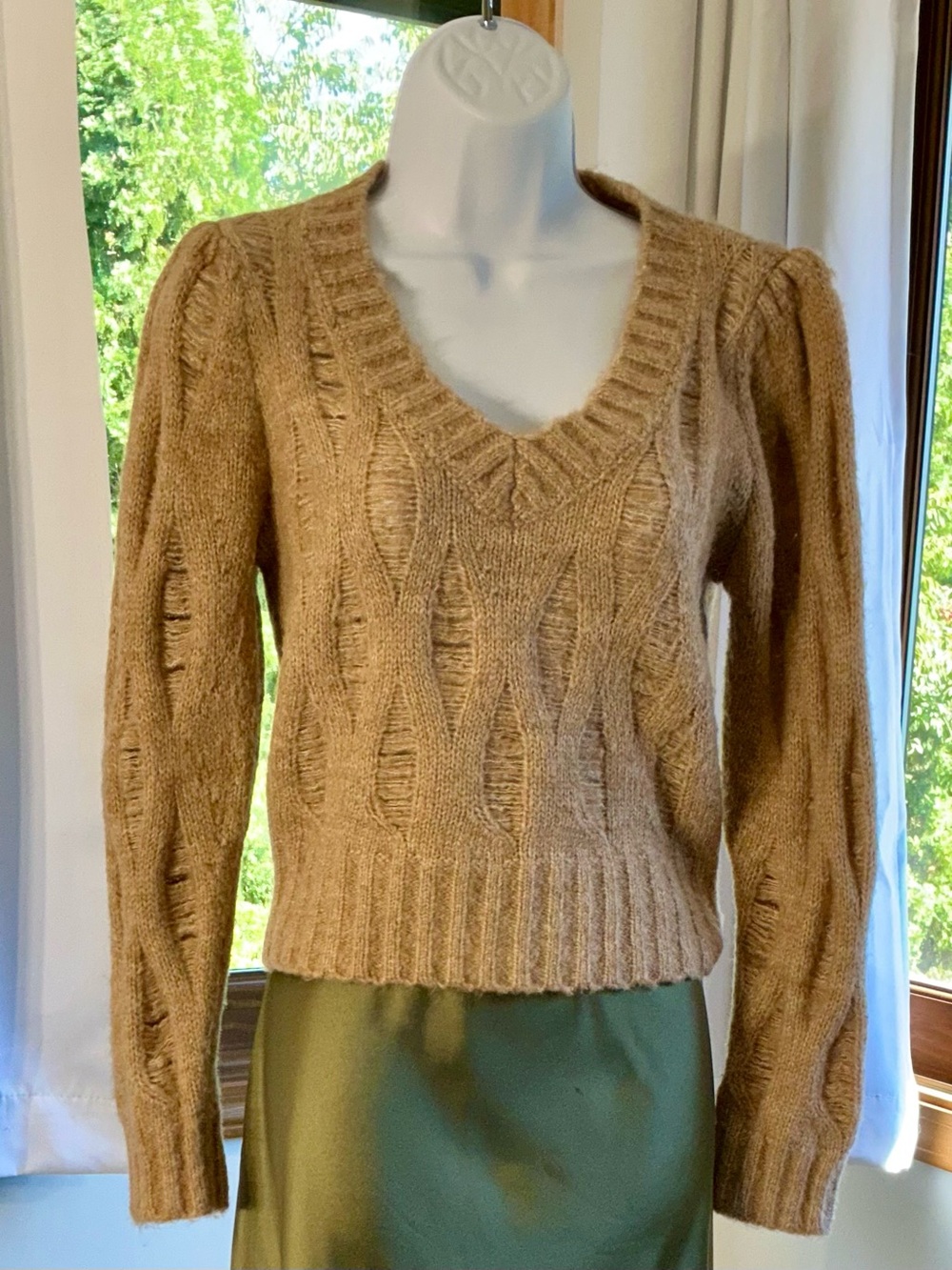 ASTR the Label Distressed V-neck Cable Knit Sweater (Size Small)
